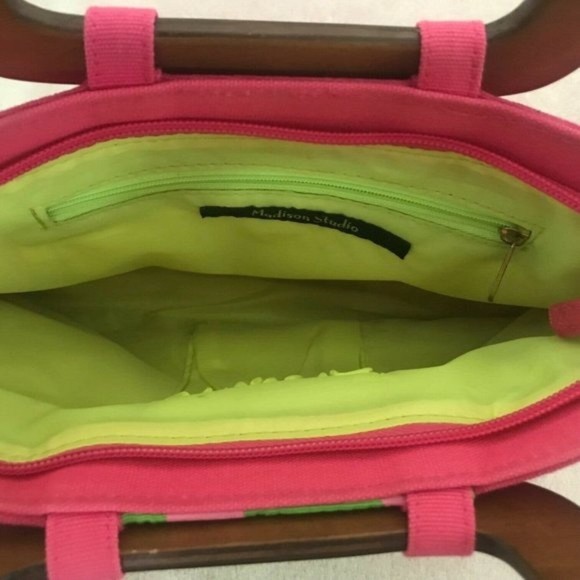 Madison Studio Polka Dots Purse Clutch Wooden Handles Pink Green Embellished - Picture 6 of 9